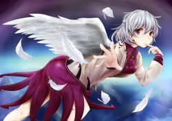 Rule 34 | 1girl, absurdres, bare legs, bow, bowtie, braid, breasts, cowboy shot, dress, feathered wings, feathers, finger to mouth, french braid, highres, jacket, kishin sagume, long sleeves, looking at viewer, mk (mako114514), purple dress, reaching, reaching towards viewer, red bow, red bowtie, red eyes, short dress, short hair, single wing, solo, touhou, white hair, wings
