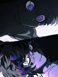 Rule 34 | 2boys, closed mouth, commentary request, glasses, highres, jacket, looking at viewer, looking down, male focus, master detective archives: rain code, multiple boys, oishikunatte shintoujou, round eyewear, short hair, split screen, spot color, symbol in eye, upper body, yuma kokohead, zilch alexander