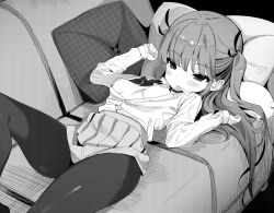 Rule 34 | 1girl, blush, breasts, breasts out, couch, greyscale, highres, long hair, lying, miniskirt, monochrome, nipples, on back, open clothes, open shirt, original, pantyhose, pillow, pleated skirt, skirt, small breasts, smile, solo, takakura, two side up