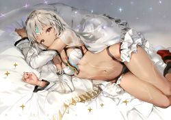 Rule 34 | 1girl, absurdres, altera (fate), anmi, arms up, bed sheet, black legwear, breasts, cleavage, dark skin, dark-skinned female, detached sleeves, fate (series), grey hair, highres, huge filesize, long hair, looking at viewer, lying, midriff, nail polish, navel, on side, red eyes, revealing clothes, scan, sheet grab, small breasts, solo, sparkle, tattoo, veil