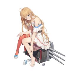 Rule 34 | 1girl, 3;, ahoge, bandaid, barefoot, blue eyes, dress, feet, full body, high heels, light brown hair, long hair, northampton (warship girls r), official art, one eye closed, pumps, red thighhighs, rolling suitcase, unworn shoe, shoes, unworn shoes, shuang ye, sidelocks, single shoe, single thighhigh, sitting, solo, suitcase, thighhighs, toes, transparent background, turret, warship girls r, white dress