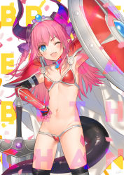 Rule 34 | 1girl, ;d, armor, armpits, bikini armor, blue eyes, cape, character name, choker, cowboy shot, dragon tail, elizabeth bathory (brave) (fate), elizabeth bathory (fate), fate/grand order, fate (series), fingerless gloves, gloves, horns, kippu, long hair, looking at viewer, midriff, navel, one eye closed, open mouth, pauldrons, pink hair, pointy ears, shield, shoulder armor, smile, solo, sword, tail, thighhighs, weapon, white cape
