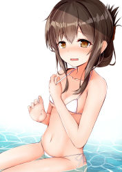 Rule 34 | 10s, 1girl, bikini, blush, breasts, brown eyes, brown hair, collarbone, folded ponytail, hair between eyes, highres, inazuma (kancolle), kantai collection, monaka curl, open mouth, short hair, small breasts, solo, swimsuit, water, white background, white bikini