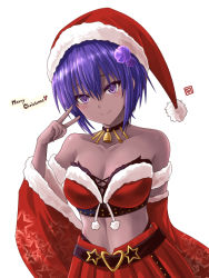 Rule 34 | 1girl, bare shoulders, bell, belt, blush, breasts, choker, cleavage, closed mouth, collarbone, cosplay, dark-skinned female, dark skin, detached sleeves, fate/grand order, fate/grand order arcade, fate/prototype, fate/prototype: fragments of blue and silver, fate (series), flower, fur trim, hair flower, hair ornament, hassan of serenity (fate), hat, haura akitoshi, looking at viewer, medium breasts, merry christmas, neck bell, purple eyes, purple hair, santa costume, santa hat, short hair, simple background, smile, solo, suzuka gozen (fate), suzuka gozen (santa) (fate), suzuka gozen (santa) (fate) (cosplay), v, white background, wide sleeves