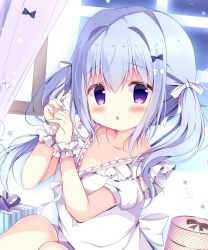 Rule 34 | 1girl, azumi kazuki, blue bow, blue hair, blush, bow, box, chestnut mouth, collarbone, commentary request, curtains, detached sleeves, fingernails, gift, gift box, hair between eyes, hair bow, hand up, highres, long hair, original, parted lips, polka dot, puffy short sleeves, puffy sleeves, purple eyes, shirt, short sleeves, sidelocks, sitting, sleeveless, sleeveless shirt, solo, star (symbol), striped, twintails, unmoving pattern, white bow, white shirt, white sleeves, window, wrist cuffs