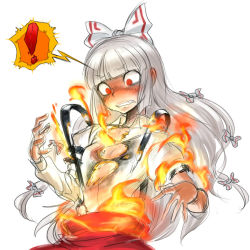 Rule 34 | !, 1girl, bad id, bad pixiv id, blunt bangs, blurry, blush, bow, burnt clothes, clenched teeth, d:, d:&lt;, female focus, fire, flat chest, fujiwara no mokou, hair bow, hime cut, long hair, looking down, open clothes, open mouth, open shirt, panties, red eyes, shirt, silver hair, simple background, solo, spacezin, suspenders, teeth, torn clothes, touhou, underwear, upper body, v-shaped eyebrows, wardrobe malfunction, wavy mouth, white background, white panties