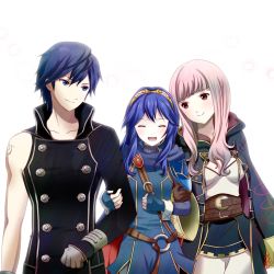 Rule 34 | 1boy, 2girls, :d, age difference, arm grab, armor, belt, blue eyes, blue hair, blush, cape, chrom (fire emblem), cloak, closed eyes, family, father and daughter, fingerless gloves, fire emblem, fire emblem awakening, gloves, husband and wife, long hair, lucina (fire emblem), machinosuke, mother and daughter, multiple girls, nintendo, open mouth, pink eyes, pink hair, robin (female) (fire emblem), robin (fire emblem), sandwiched, skirt, smile, tiara