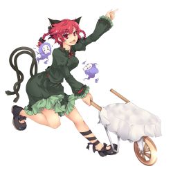 Rule 34 | 1girl, absurdres, animal ears, bad id, bad pixiv id, braid, breasts, cat ears, cat girl, cat tail, extra ears, female focus, full body, ghost, highres, kaenbyou rin, multiple tails, red eyes, red hair, serizawa mutsuki, short hair, solo, tail, touhou, transparent background, twin braids, wheelbarrow