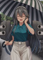 Rule 34 | 1girl, bag, belt, black belt, black hair, blue shirt, blush, breasts, cannon, casual, closed eyes, commentary request, facing viewer, false smile, hair between eyes, hair ornament, hairclip, hand on own face, haruna (kancolle), headgear, highres, holding, holding umbrella, ichikawa feesu, jewelry, kantai collection, long hair, looking at viewer, official alternate costume, open mouth, outdoors, rain, rigging, ring, shirt, shoulder bag, smile, solo, turret, umbrella, wedding band, wet