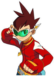 Rule 34 | 00s, 1boy, belt, belt pouch, bodysuit, brown hair, buckle, capcom, clenched hand, cowboy shot, fingerless gloves, gloves, goggles, geo stelar (mega man), looking at viewer, male focus, official art, pocket, red gloves, mega man (series), mega man star force, solo, spiked hair