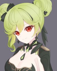Rule 34 | 1girl, ai-chan (honkai impact), black bow, black dress, bow, breasts, cleavage, closed mouth, discipline enforcer a1, double bun, dress, green hair, grey background, hair bow, hair bun, honkai (series), honkai impact 3rd, medium breasts, potato 258, red eyes, simple background, smile, solo, upper body