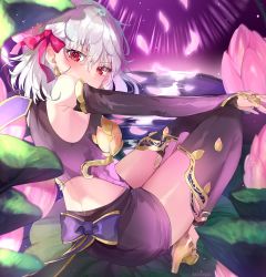 Rule 34 | 1girl, absurdres, armlet, armor, bare shoulders, bikini armor, blush, bracelet, breasts, collar, detached sleeves, dress, earrings, fate/grand order, fate (series), floral print, flower, glowing, glowing petals, hair ribbon, high heels, highres, jewelry, kama (fate), kama (first ascension) (fate), kanniiepan, lily pad, looking at viewer, lotus, metal collar, miniskirt, pelvic curtain, petals, pink ribbon, purple dress, purple skirt, purple sleeves, purple thighhighs, red eyes, ribbon, ring, ripples, short hair, silver hair, sitting, skirt, small breasts, thighhighs, thighlet, thighs, water