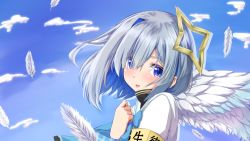 Rule 34 | 1girl, amane kanata, angel wings, armband, blue hair, blue sky, blush, bob cut, bow, bowtie, colored inner hair, feathers, grey hair, halo, hand on own chest, haruka kuromiya, high collar, hololive, looking at viewer, making-of available, multicolored hair, open mouth, purple eyes, sailor collar, school uniform, short hair, single hair intake, sky, solo, star halo, upper body, virtual youtuber, white wings, wings