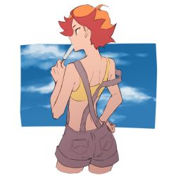 Rule 34 | 10s, 1girl, 320 (romsen), amanda o&#039;neill, back, bad id, bad twitter id, cropped legs, female focus, food, green eyes, little witch academia, multicolored hair, orange hair, overalls, popsicle, short hair, solo, strapless, tank top, tube top, two-tone hair, white background
