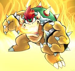 Rule 34 | 1boy, bowser, bracelet, breath weapon, breathing fire, claws, fangs, fire, full body, glowing, glowing eyes, highres, horns, jewelry, looking at viewer, male focus, mario (series), maxoke, nintendo, open mouth, red hair, signature, solo, spiked bracelet, spikes, turtle shell