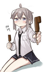 Rule 34 | 1girl, absurdres, antenna hair, blue skirt, blush, brown hair, closed mouth, double popsicle, food, girls&#039; frontline, hair between eyes, highres, holding, holding food, invisible penis, legs, long sleeves, looking at viewer, m200 (girls&#039; frontline), medium hair, necktie, pepsi2330, polo shirt, ponytail, popsicle, purple eyes, shirt, simple background, sitting, skirt, smile, solo, white background, white shirt