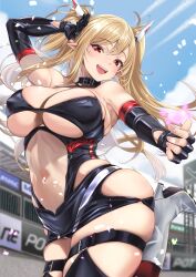 Rule 34 | 1girl, ayamo kaoru, belt, belt collar, bikini, black belt, black bikini, black gloves, black leotard, black skirt, black thighhighs, blonde hair, blurry, blurry background, breasts, cleavage, cloud, collar, commission, covered erect nipples, elbow gloves, fingerless gloves, gloves, headgear, heart, highres, large breasts, leotard, long hair, microskirt, navel, numako (pizza kanon), open mouth, original, pointy ears, race queen, red eyes, skeb commission, skirt, sky, solo, swimsuit, teeth, thigh belt, thigh strap, thighhighs, upper teeth only