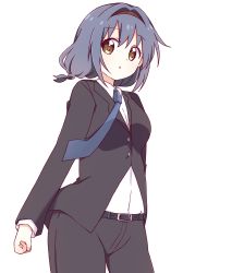Rule 34 | 1girl, :o, arm at side, arm behind back, belt, black hairband, black jacket, black pants, black suit, blue hair, blue necktie, braid, breasts, brown eyes, business suit, clenched hand, collared shirt, commentary, cowboy shot, formal, furutani himawari, hairband, highres, jacket, long sleeves, looking at viewer, mesushio, necktie, pant suit, pants, shirt, short hair, simple background, solo, standing, suit, white background, white shirt, yuru yuri