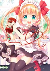 Rule 34 | 1girl, :d, apron, artist request, backlighting, black dress, black thighhighs, blonde hair, blush, bottle, bow, collared dress, dress, food, frilled apron, frilled shirt collar, frills, green eyes, hair between eyes, hair bow, highres, holding, holding bottle, indoors, ketchup, ketchup bottle, long hair, maid, maid headdress, mary janes, neck ribbon, omelet, omurice, open mouth, original, panties, pink panties, plate, pleated dress, puffy short sleeves, puffy sleeves, red bow, red footwear, red ribbon, ribbon, round teeth, shoes, short sleeves, sidelocks, smile, solo, standing, standing on one leg, table, teeth, thighhighs, twintails, underwear, upper teeth only, very long hair, white apron, window