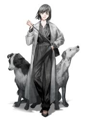 Rule 34 | 1girl, androgynous, animal, bag, black footwear, black hair, black pants, black shirt, bob cut, character request, coat, collared shirt, dalmatian, dog, dress shirt, flat chest, formal, full body, garam lee, grey coat, hand in pocket, hand up, highres, holding strap, korean commentary, long sleeves, omniscient reader&#039;s viewpoint, pants, shirt, shirt tucked in, shoes, short hair, shoulder bag, simple background, smile, standing, swept bangs, white background