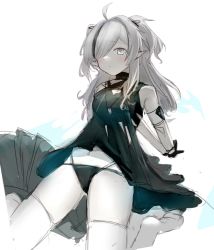 Rule 34 | 1girl, ahoge, ark bone, arknights, arms behind back, bare shoulders, black dress, black gloves, black hair, black panties, breasts, crocodilian tail, dress, gloves, grey eyes, grey hair, hair over one eye, long hair, multicolored hair, navel, no shoes, outstretched arms, panties, pointy ears, sleeveless, sleeveless dress, small breasts, soles, solo, streaked hair, tail, thighhighs, tomimi (arknights), two side up, underwear, very long hair, white background, white thighhighs