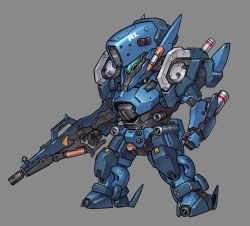 Rule 34 | chibi, clenched hand, grey background, gun, highres, holding, holding gun, holding weapon, looking ahead, mecha, no humans, original, robot, science fiction, solo, tamasi, visor, weapon