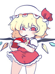 Rule 34 | 1girl, ascot, bare legs, blonde hair, blood, blood bag, chahan (fried rice0614), chibi, commentary request, cowboy shot, crystal, drinking blood, flandre scarlet, hat, highres, legs apart, looking at viewer, medium hair, mob cap, one-hour drawing challenge, puffy short sleeves, puffy sleeves, red eyes, red skirt, red vest, short sleeves, simple background, skirt, skirt set, slit pupils, solo, touhou, vampire, vest, white background, wing collar, wings, yellow ascot