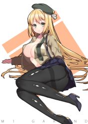 Rule 34 | 1girl, ass, bad id, bad pixiv id, beret, blonde hair, blush, breasts, character name, cleavage, fujidouyuu, full body, girls&#039; frontline, green eyes, hat, high heels, highres, jacket, large breasts, long hair, looking at viewer, lying, m1 garand (girls&#039; frontline), necktie, on side, open clothes, open shirt, pantyhose, parted lips, shirt, skirt, solo, suspender skirt, suspenders, undone necktie