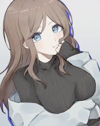 Rule 34 | 1girl, absurdres, bang dream!, bang dream! it&#039;s mygo!!!!!, black sweater, blue eyes, blush, breasts, brown hair, closed mouth, commentary, grey background, highres, jacket, large breasts, long hair, long sleeves, nagasaki soyo, open clothes, open jacket, pann (1202zzzx00), ribbed sweater, sidelocks, simple background, sleeves past elbows, solo, sweatdrop, sweater, upper body, white jacket