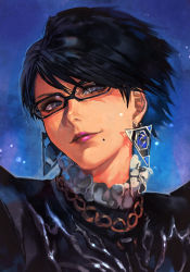 Rule 34 | 1girl, bayonetta, bayonetta (series), bayonetta 2, black hair, blue eyes, breasts, earrings, glasses, hungry clicker, jewelry, large breasts, looking at viewer, mole, mole under mouth, portrait, short hair, smile, solo