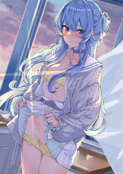 Rule 34 | 1girl, aran sweater, belt, blue choker, blue eyes, blue hair, blush, bra, cable knit, cardigan, choker, classroom, commentary request, curtains, grey belt, grey cardigan, hair ribbon, hcz n, highres, hololive, hoshimachi suisei, hoshimachi suisei (school uniform), indoors, lifted by self, long hair, long sleeves, open cardigan, open clothes, open shirt, panties, panty pull, ribbon, sailor collar, skirt, solo, standing, star (symbol), star in eye, sweater, symbol in eye, underwear, virtual youtuber, white ribbon, white sailor collar, white skirt, window, yellow bra, yellow panties