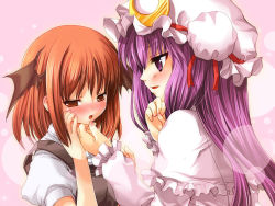 Rule 34 | 2girls, blush, embodiment of scarlet devil, female focus, grabbing another&#039;s chin, hand on another&#039;s chin, hat, head rest, head wings, koakuma, long hair, looking away, mob cap, multiple girls, patchouli knowledge, pink background, purple eyes, purple hair, red eyes, red hair, short hair, tilm, touhou, upper body, wings, yuri