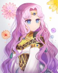 Rule 34 | 1girl, blue eyes, breasts, circlet, closed mouth, fire emblem, fire emblem: thracia 776, flower, hair ornament, jewelry, long hair, looking at viewer, looking to the side, nintendo, purple hair, sara (fire emblem), shira yu ki, smile, upper body