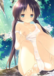 Rule 34 | 1girl, aqua eyes, barefoot, blush, brown hair, cameltoe, covering nipples, covering privates, feet, natsuki coco, off shoulder, one-piece swimsuit, original, school swimsuit, sitting, solo, swimsuit, toes, twintails, water, waterfall, white one-piece swimsuit, white school swimsuit
