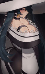 Rule 34 | 1girl, ass, blue hair, breasts, cleavage, creatures (company), curvy, dark miku (project voltage), downblouse, dress, from behind, game freak, hat, hatsune miku, highres, huge ass, large breasts, looking back, nintendo, pokemon, project voltage, roresu, solo, twintails, vocaloid, white hat