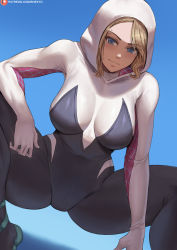 Rule 34 | 1girl, animification, black bodysuit, blonde hair, blue eyes, blush, bodysuit, breasts, day, gwen stacy, highres, hood, hood up, hooded bodysuit, looking at viewer, marvel, medium breasts, shexyo, short hair, skin tight, solo focus, spider-gwen, spider-man (series), spread legs, squatting, sweatdrop