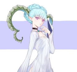 Rule 34 | + +, 1girl, braid, breasts, choker, collarbone, crimsonknigh t, crown braid, curled horns, dress, fate/grand order, fate/grand order arcade, fate (series), highres, horns, jewelry, larva tiamat (fate), larva tiamat (first ascension) (fate), long hair, long horns, long sleeves, looking at viewer, pendant, pointy ears, purple eyes, ribbed dress, silver hair, small breasts, solo, symbol-shaped pupils, tiamat (fate), white dress