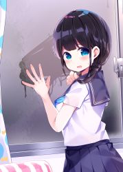 Rule 34 | 1girl, :d, black hair, black sailor collar, black skirt, blue eyes, blue neckwear, blush, breasts, chikuwa., commentary request, condensation, curtains, glass writing, hands up, highres, indoors, long hair, looking at viewer, looking to the side, medium breasts, open mouth, original, pleated skirt, sailor collar, school uniform, serafuku, short sleeves, skirt, smile, solo, sweat, window, window fog