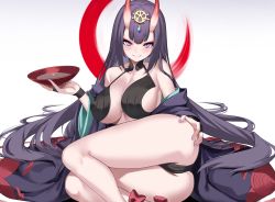 Rule 34 | 1girl, :q, alcohol, alternate breast size, alternate hair length, alternate hairstyle, ass, bare shoulders, blush, breasts, cleavage, collarbone, cup, eyeshadow, fate/grand order, fate (series), headpiece, highres, holding, horns, japanese clothes, kimono, large breasts, long hair, makeup, nail polish, off shoulder, purple eyes, purple nails, revealing clothes, sakazuki, sake, short eyebrows, shuten douji (fate), simple background, skin-covered horns, solo, spider apple, tongue, tongue out, white background, wide sleeves