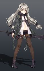 Rule 34 | 1girl, ammunition box, bad id, bad pixiv id, black background, black footwear, black pantyhose, black shorts, boots, closed mouth, dress shirt, expressionless, full body, girls&#039; frontline, gradient background, gun, h&amp;k mg4, hair ornament, hairclip, high heel boots, high heels, highres, holding, holding gun, holding weapon, holster, jacket, legs apart, light machine gun, long hair, looking at viewer, low twintails, machine gun, mg4 (girls&#039; frontline), navel, open clothes, open jacket, open shirt, pantyhose, pigeon-toed, shadow, shirt, short shorts, shorts, silver hair, solo, standing, tama (tamatamo), thigh holster, thigh strap, twintails, weapon, white shirt, yellow eyes