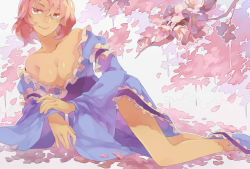 Rule 34 | 1girl, bare shoulders, breasts, cherry blossoms, cleavage, female focus, japanese clothes, kimono, kouko (thorax), large breasts, lying, off shoulder, on side, petals, pink hair, qiangzi, saigyouji yuyuko, short hair, smile, solo, touhou