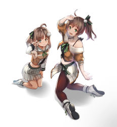 Rule 34 | 2girls, absurdres, ahoge, ankle boots, arm over head, boots, brown legwear, cat hair ornament, detached sleeves, green eyes, hair ornament, hair ribbon, highres, hololive, hood, hoodie, knee boots, kneeling, long hair, looking at viewer, looking back, ma matsuri, mother and daughter, multiple girls, natsuiro matsuri, natsuiro matsuri (1st costume), noir socery777, one side up, open mouth, pantyhose, ribbon, shirt, side ponytail, simple background, size difference, skirt, sleeveless, sleeveless hoodie, smile, spaghetti strap, thighs, v, v over eye, virtual youtuber, white background, white skirt, yellow shirt