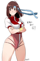Rule 34 | 1girl, arms under breasts, blue headband, blush, breasts, brown eyes, brown hair, butcha-u, closed mouth, commentary request, cowboy shot, cropped shirt, crossed arms, eyelashes, gluteal fold, gunbuster pose, headband, highleg, highleg leotard, highres, large breasts, leotard, looking at viewer, medium hair, red leotard, shirt, short sleeves, signature, simple background, smile, solo, takaya noriko, tareme, top wo nerae!, translation request, white background, white shirt, wristband, yellow wristband