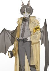 Rule 34 | 1boy, animal ears, armband, bat ears, bat wings, belt, black belt, closed mouth, collared coat, collared shirt, fang, flashlight, frost fog, grey necktie, grey pants, grey shirt, hand on belt, highres, holding, holding flashlight, jitome, light blush, male focus, messy hair, mole, mole under eye, necktie, original, pants, parted bangs, shirt, short hair, simple background, solo, standing, uniform, wings, yellow armband, yellow raincoat