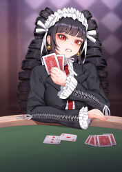 Rule 34 | 1girl, black hair, black jacket, card, celestia ludenberg, clenched teeth, commission, danganronpa: trigger happy havoc, danganronpa (series), drill hair, earrings, frilled jacket, frills, hand up, haryudanto, highres, holding, holding card, jacket, jewelry, long hair, long sleeves, looking at viewer, necktie, playing card, poker, poker chip, red eyes, red necktie, solo, teeth, twin drills, twintails