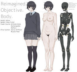 Rule 34 | 1girl, absurdres, android, black eyes, black hair, black thighhighs, breasts, character sheet, english text, glasses, hair between eyes, highres, jimiko, loafers, looking at viewer, mechanical parts, medium breasts, mole, mole on stomach, mole on thigh, navel, nipples, nude, original, pale skin, pubic hair, rob 110101101, shoes, short hair, simple background, solo, thighhighs, translated, white background