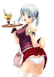 Rule 34 | 1girl, :d, apple, apple slice, aqua hair, bag, cherry, clothes lift, cowboy shot, cuffs, cup, earrings, fang, food, fruit, ice cream, jewelry, kiwi (fruit), koutaro, looking at viewer, miniskirt, open mouth, original, panties, parfait, plaid, plaid skirt, pleated skirt, pocky, polka dot, polka dot panties, purple eyes, simple background, skirt, skirt lift, smile, solo, star (symbol), star earrings, thighhighs, tray, twintails, underwear, waitress, white thighhighs, wrist cuffs, zettai ryouiki