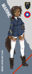 Rule 34 | 1girl, animal ears, bad id, bad pixiv id, boots, commentary request, dakku (ogitsune), dark skin, dark-skinned female, green eyes, ponytail, solo, strike witches, strike witches 1991, tail, thighhighs, uniform, very dark skin, world witches series