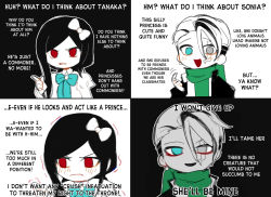 Rule 34 | 1boy, 1girl, :d, alternate color, alternate costume, alternate eye color, alternate hair color, barry nah, black background, black hair, blush, bow, bowtie, commentary request, danganronpa (series), danganronpa 2: goodbye despair, dress, earrings, english text, frown, green bow, green bowtie, green eyes, green scarf, grey eyes, grey hair, hair between eyes, hair bow, heterochromia, highres, jewelry, juliet sleeves, long hair, long sleeves, multiple views, open mouth, outline, pointing, portrait, puffy sleeves, ring, scar, scar across eye, scar on face, scarf, short hair, smile, sonia nevermind, tanaka gundham, two-tone background, upper body, white background, white bow, white dress, white outline