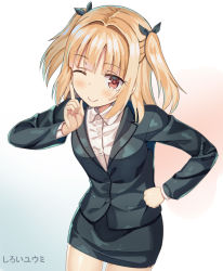 Rule 34 | 1girl, artist name, blonde hair, blush, business suit, formal, hand on own hip, iijima yun, new game!, pencil skirt, red eyes, shiroi yuumi, skirt, smile, solo, suit, two side up